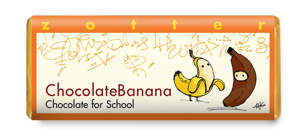 Zotter Chocolate Banana chocolate bar packaging with cartoon banana and chocolate design.