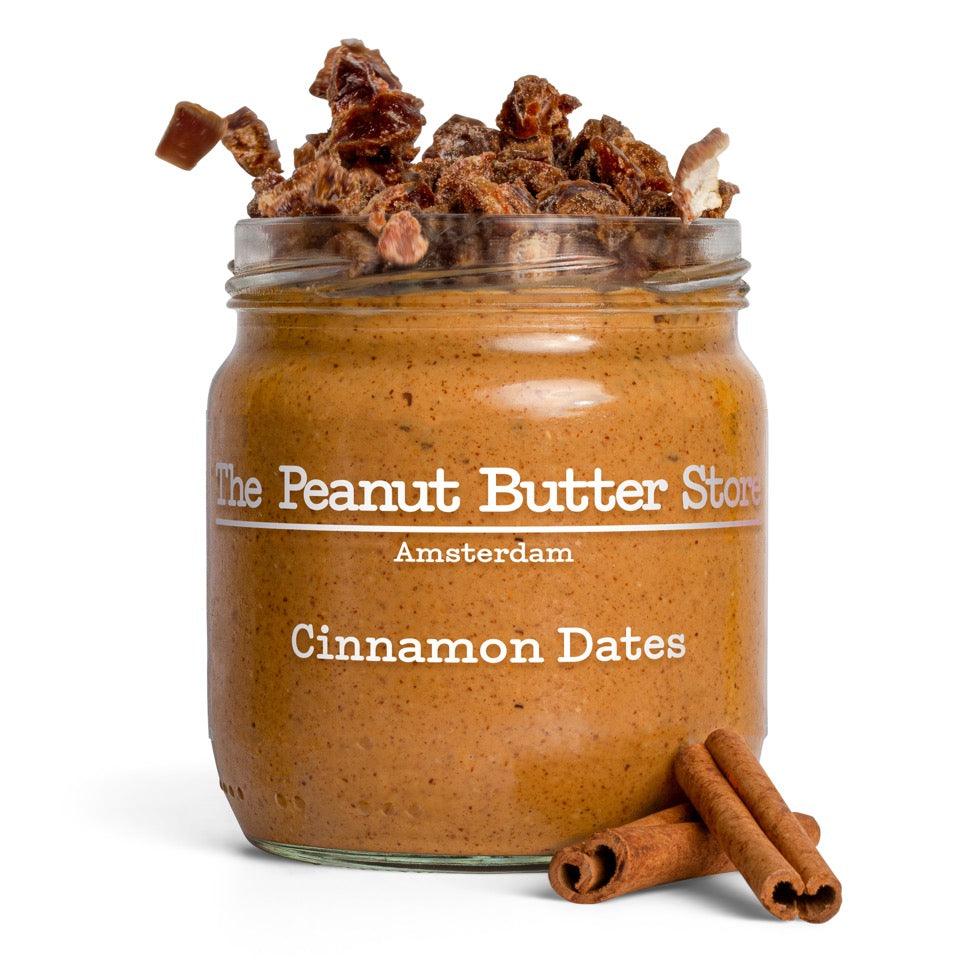 Jar of 'Cinnamon Dates' peanut butter from The Peanut Butter Store Amsterdam on a white background